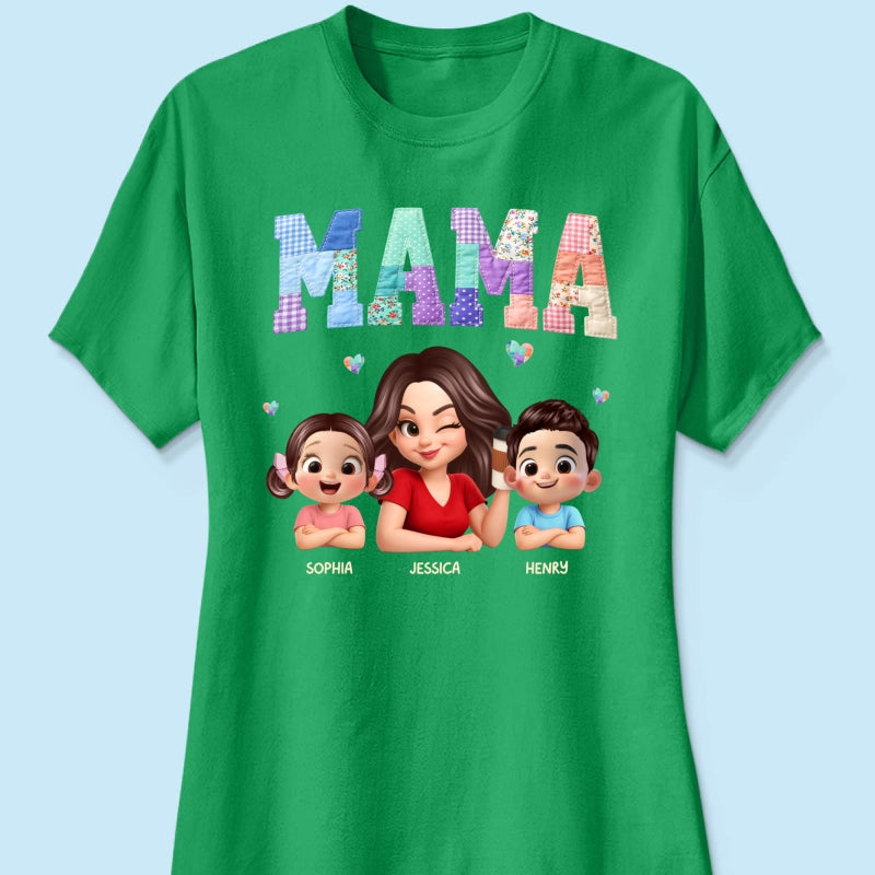 Patchwork Floral Mama Faux Embroidered - Personalized Shirt - Gift for Mom