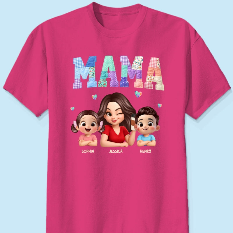 Patchwork Floral Mama Faux Embroidered - Personalized Shirt - Gift for Mom