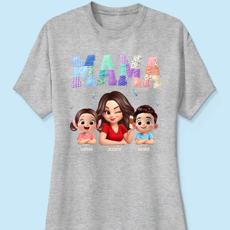 Patchwork Floral Mama Faux Embroidered - Personalized Shirt - Gift for Mom