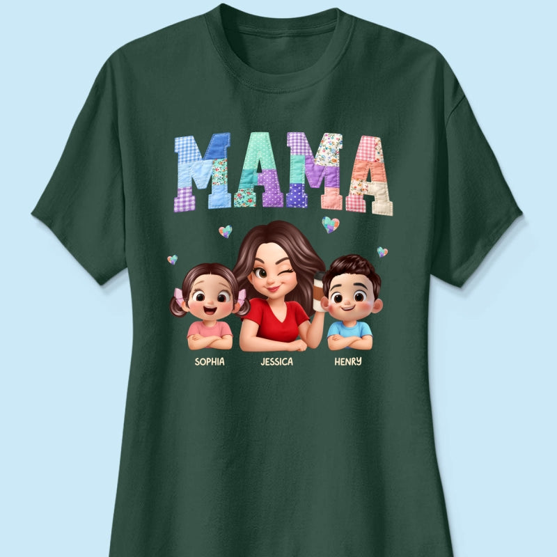 Patchwork Floral Mama Faux Embroidered - Personalized Shirt - Gift for Mom