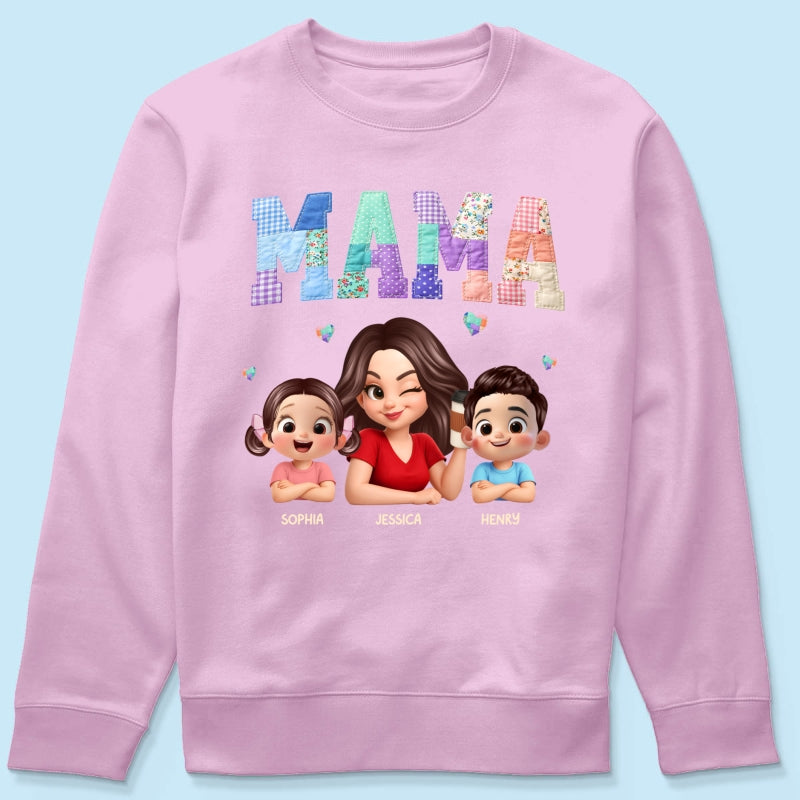 Patchwork Floral Mama Faux Embroidered - Personalized Shirt - Gift for Mom