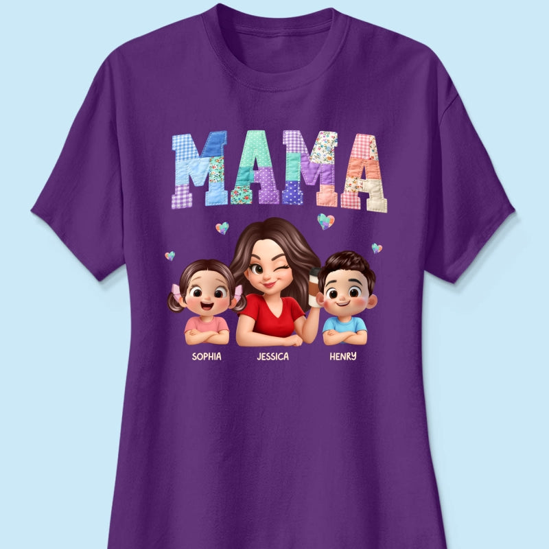 Patchwork Floral Mama Faux Embroidered - Personalized Shirt - Gift for Mom