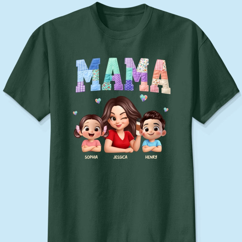 Patchwork Floral Mama Faux Embroidered - Personalized Shirt - Gift for Mom