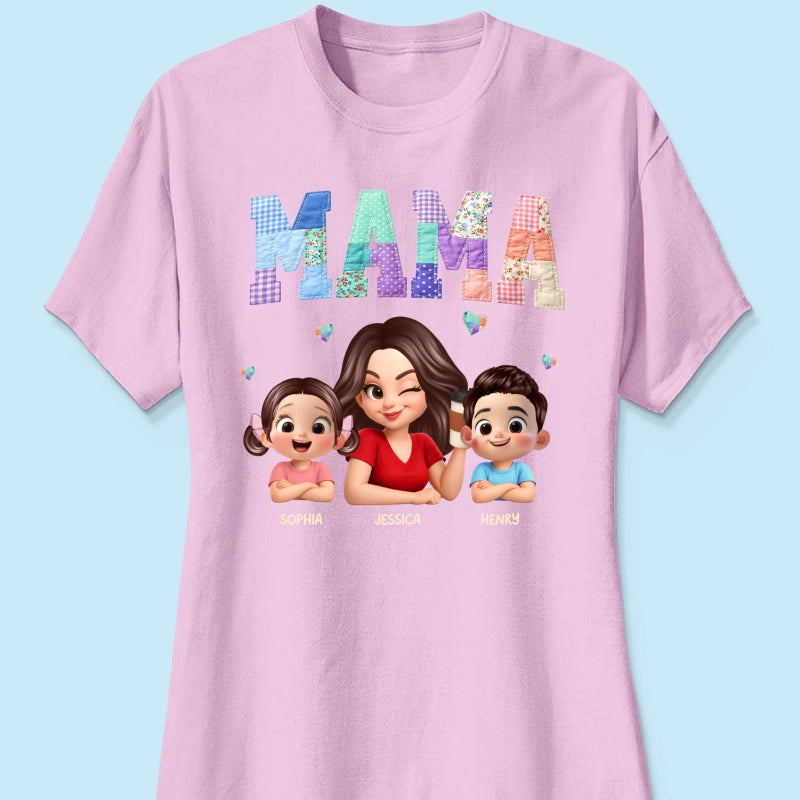 Patchwork Floral Mama Faux Embroidered - Personalized Shirt - Gift for Mom