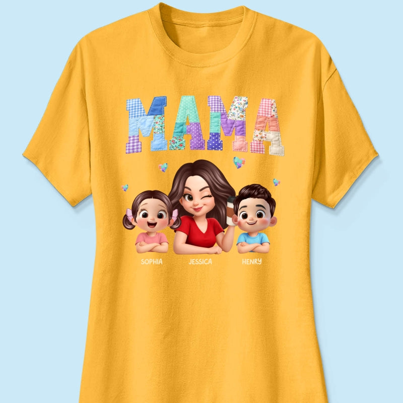 Patchwork Floral Mama Faux Embroidered - Personalized Shirt - Gift for Mom