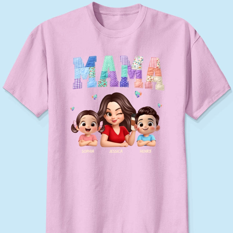 Patchwork Floral Mama Faux Embroidered - Personalized Shirt - Gift for Mom