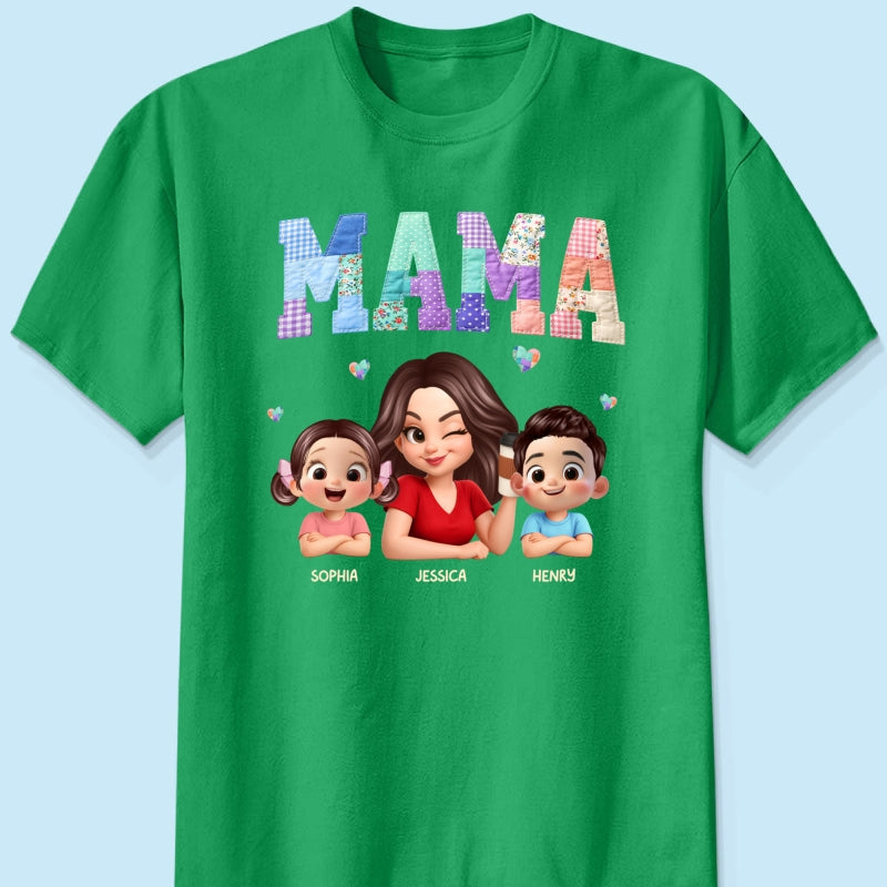 Patchwork Floral Mama Faux Embroidered - Personalized Shirt - Gift for Mom
