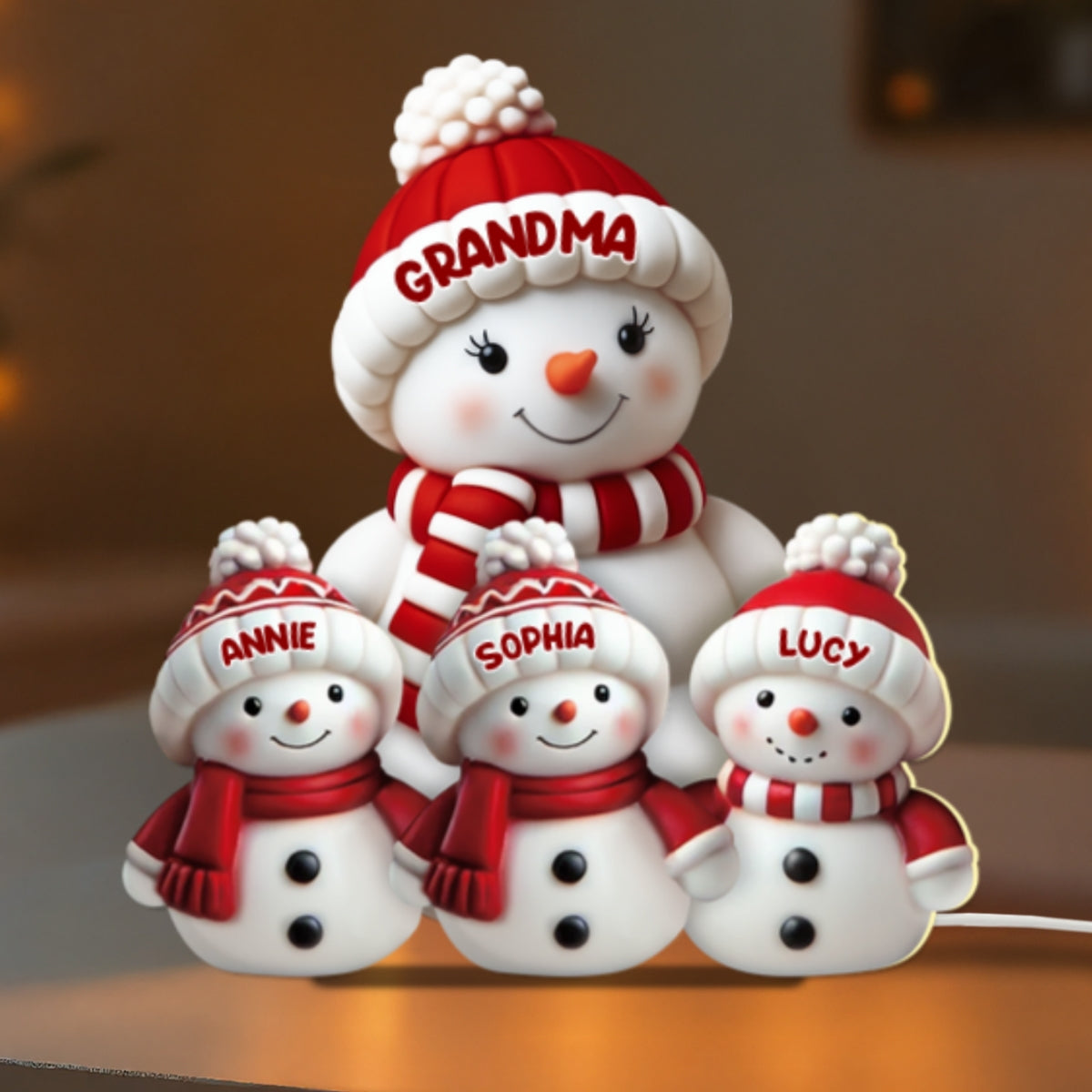 3D Effect Cute Snowman Grandma & Grandkids - Personalized Light Box - Christmas Decor For Family, Grandma
