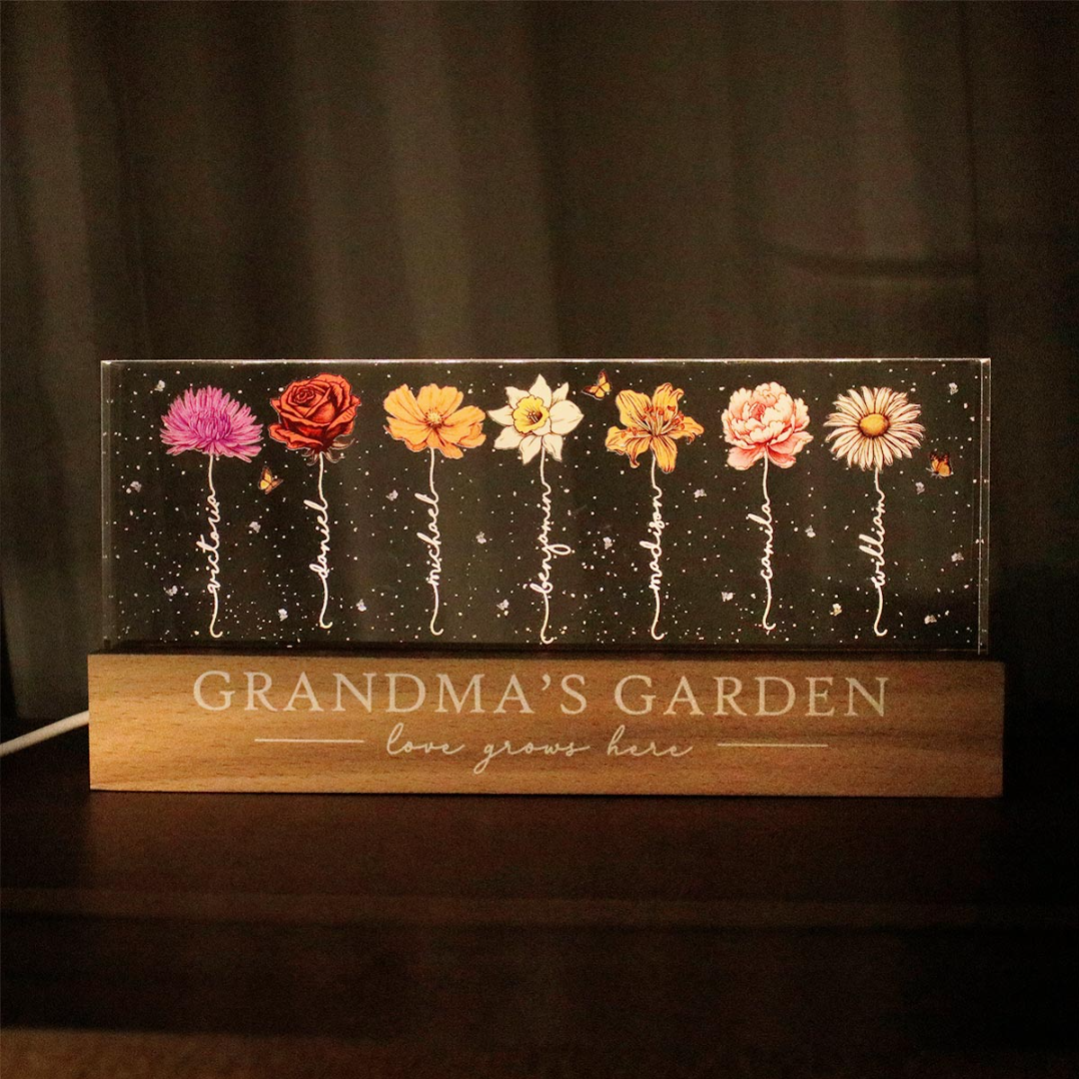 Grandma‘s Garden Birth Month Flowers - Personalized Acrylic Block Plaque LED Night Light - Christmas Gift For Grandma, Mom, Auntie, Sister