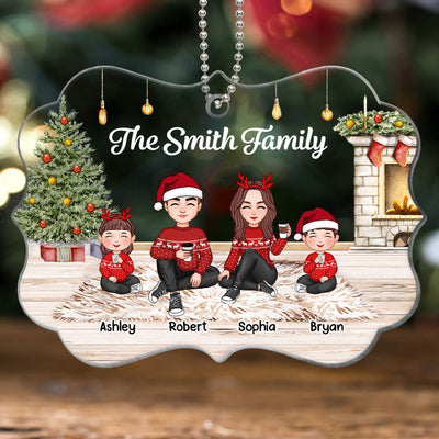 Christmas Cute Family Sitting Brick Fireplace Personalized Acrylic Ornament