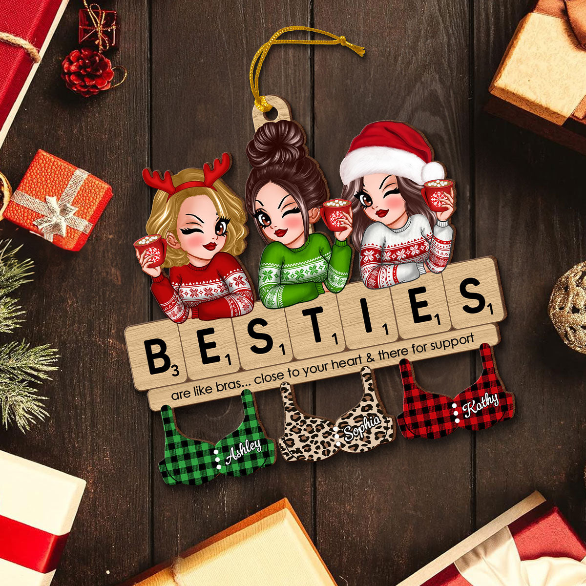 Friends Are Like Bras Girls Sitting On Puzzle Words Personalized Wooden Ornament