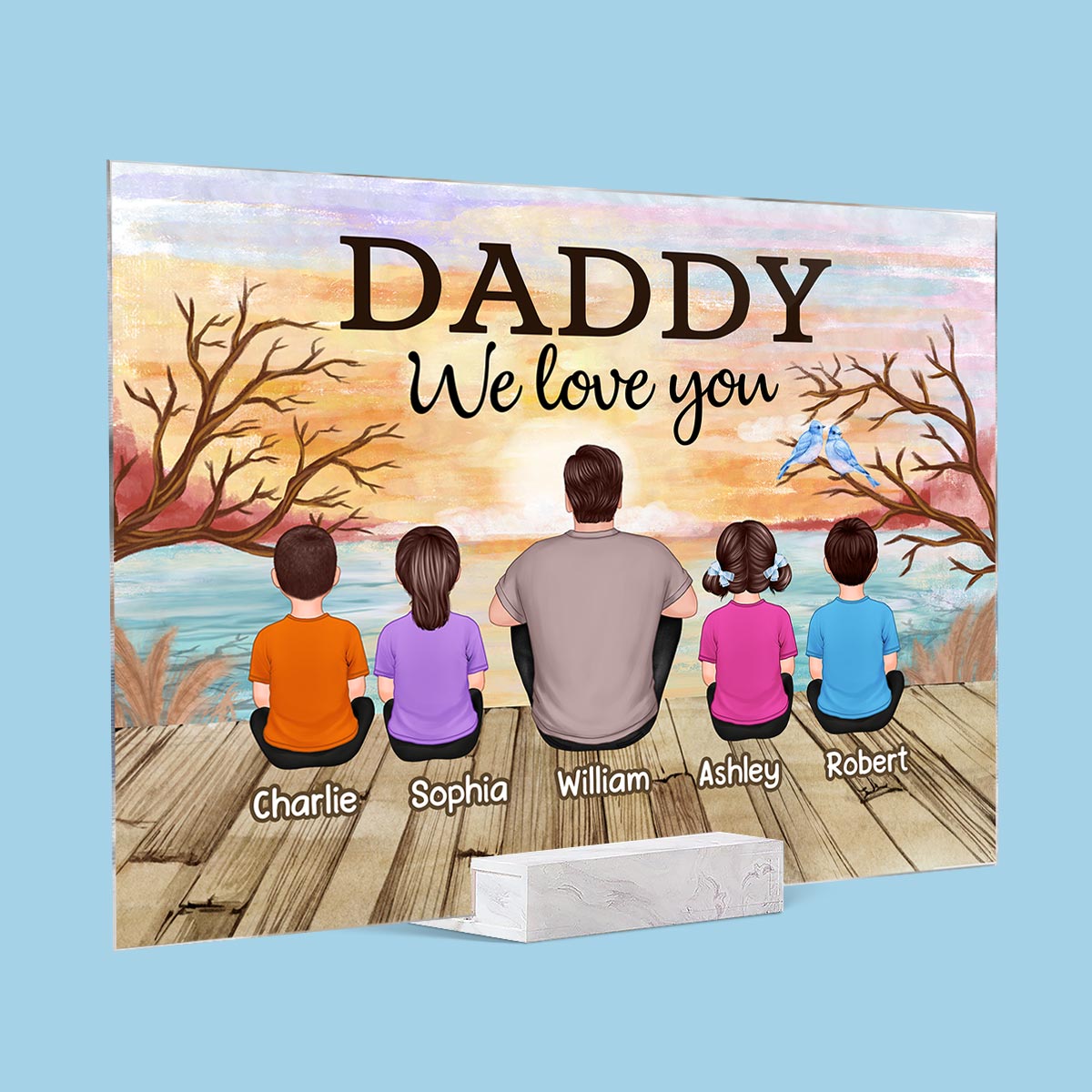 Lake View Dad Grandpa We Love You Back View Dad And Kids Dogs Cats Sitting Personalized Acrylic Plaque
