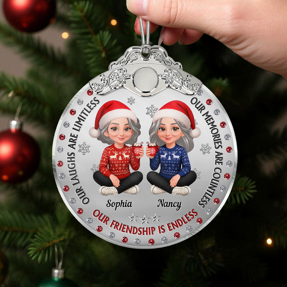 Christmas Besties Our Friendship Is Endless Metal Effect Texture - Personalized Glass Ornament With Silver Cap