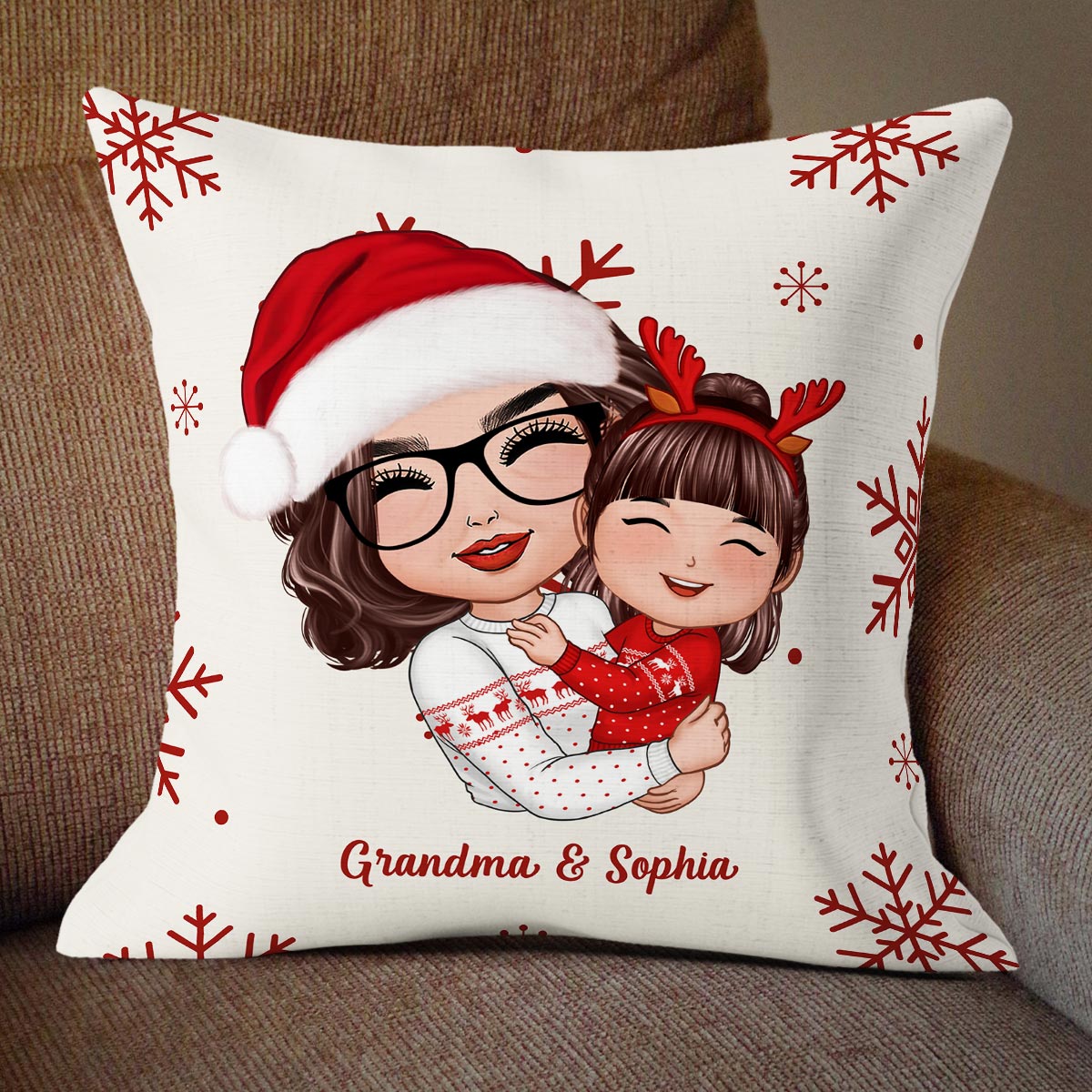 Christmas Pattern Doll Grandma Mom Hugging Kid Gift For Granddaughter Grandson Personalized Pillow