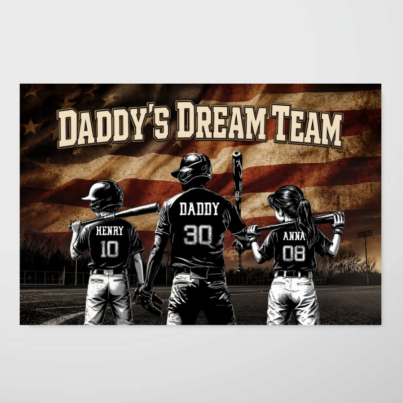Daddy's Dream Team Baseball Nation Flag - Personalized Poster - Father's Day Gift for Dad, Husband