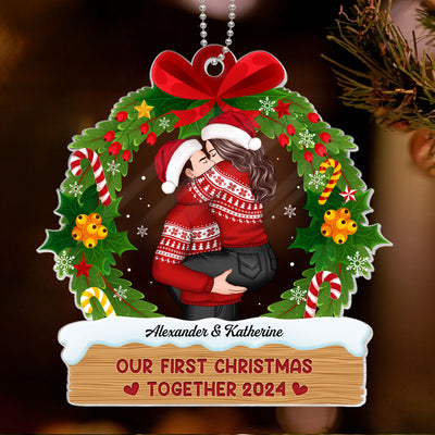 Hugging Kissing Couple Christmas Wreath Personalized Acrylic Ornament, Christmas Gift For Him For Her