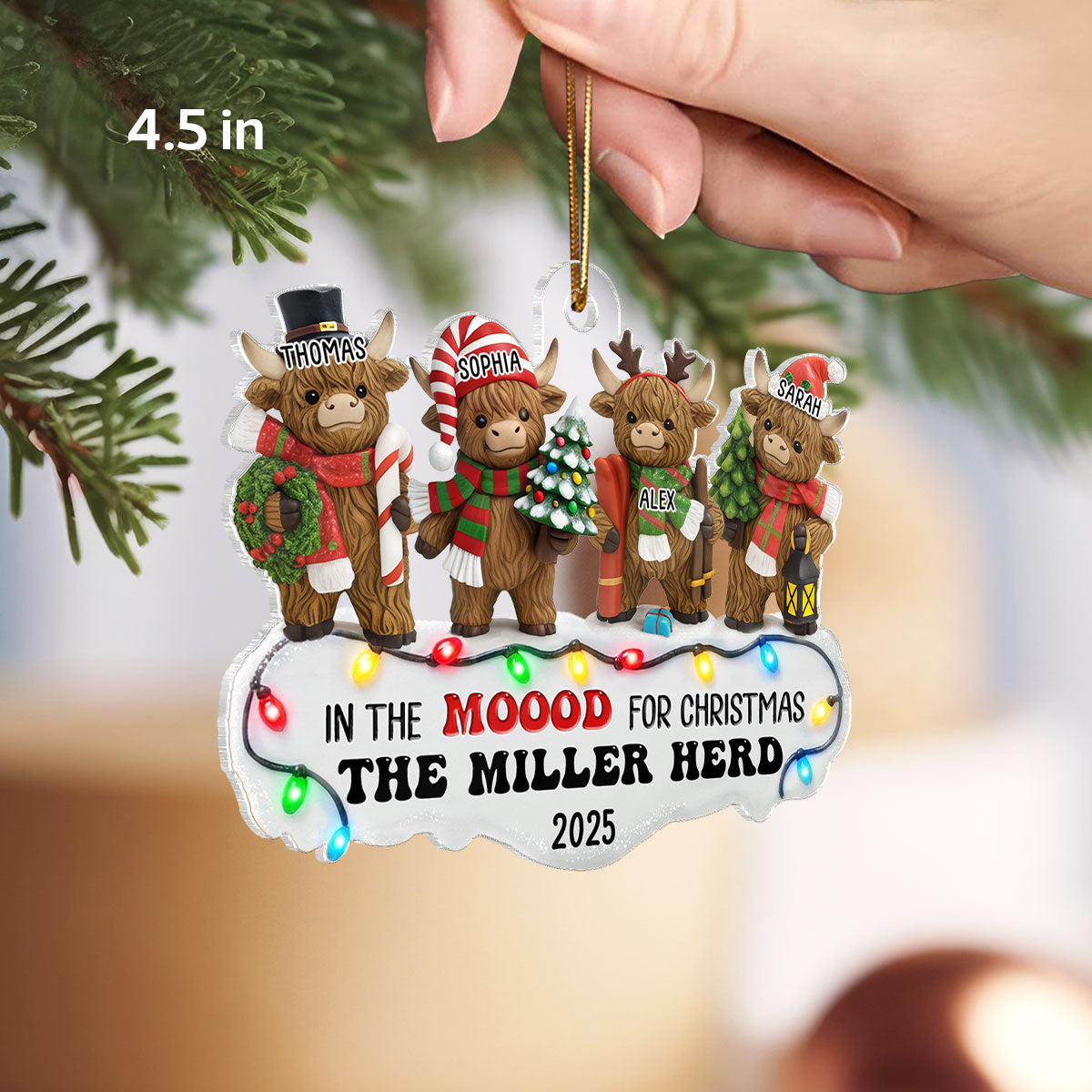 3D Effect Highland Cows Standing Family Herd In The Moood For Christmas - Personalized Acrylic Ornament