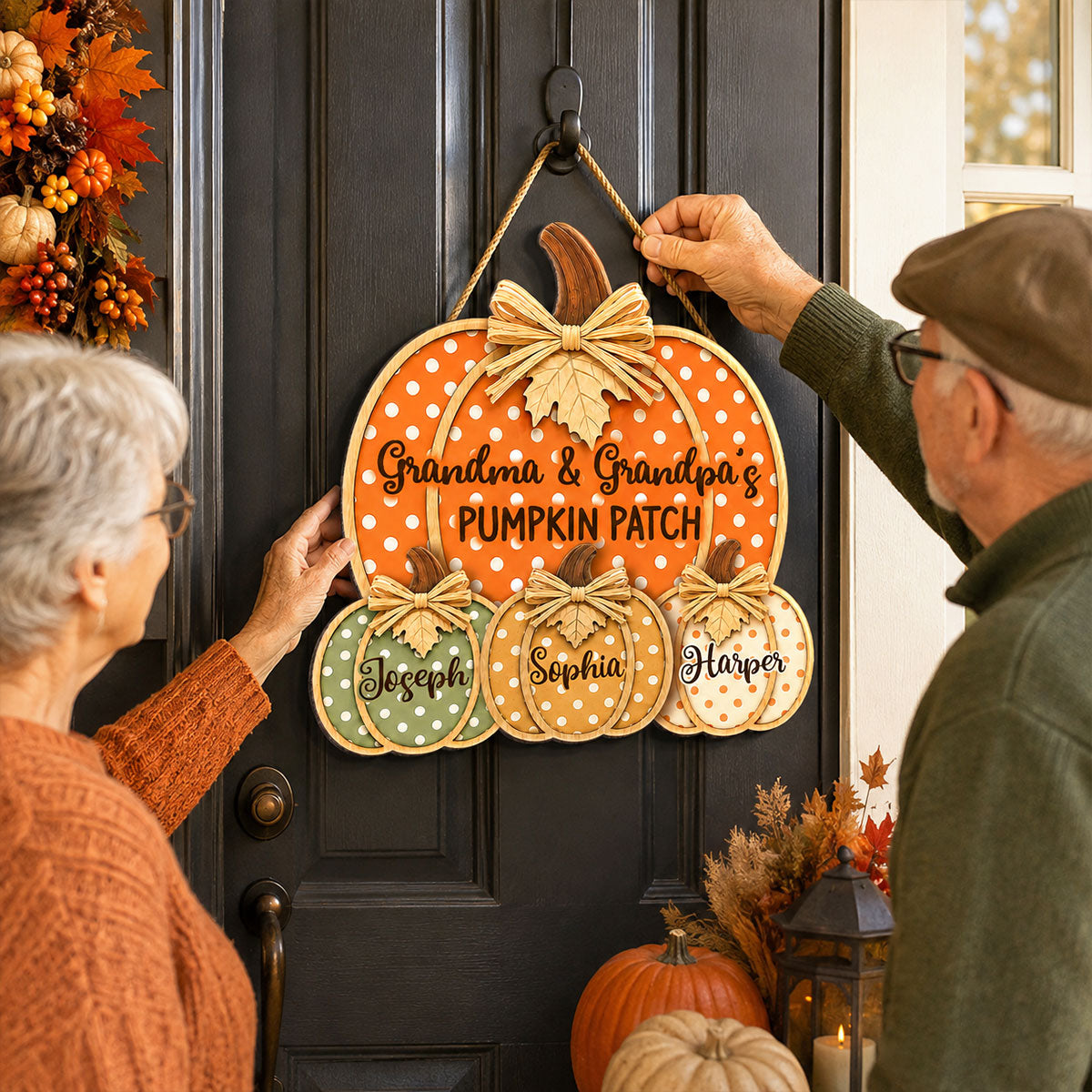 Grandma & Grandpa's Pumpkin Patch Polka Dot 2D Flat Printed - Personalized Door Hanger - Fall Season Decor For Grandparents