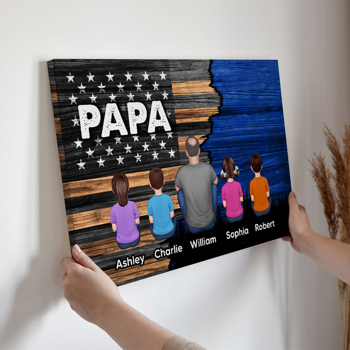 Dad Grandpa Papa Back View Sitting With Kids Half Nation Flag Personalized Canvas