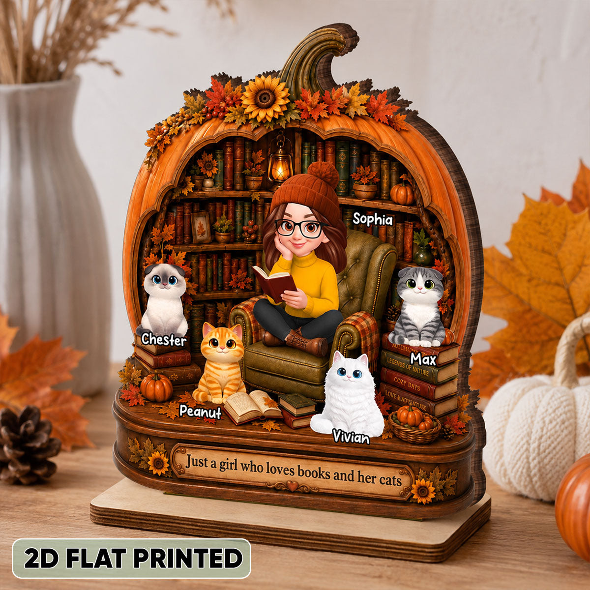 Reading Girl Who Loves Books And Her Cats - Personalized 2-Layered Wooden Plaque - Fall Season Decor Gift, Gift For Book Lovers