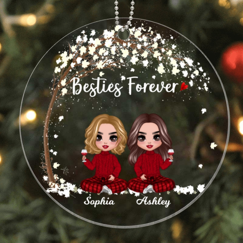Doll Besties Sisters Sitting Under Tree Christmas Personalized Acrylic Ornament