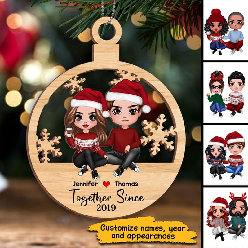 Couple Sitting Christmas Bauble Personalized Wooden Ornament