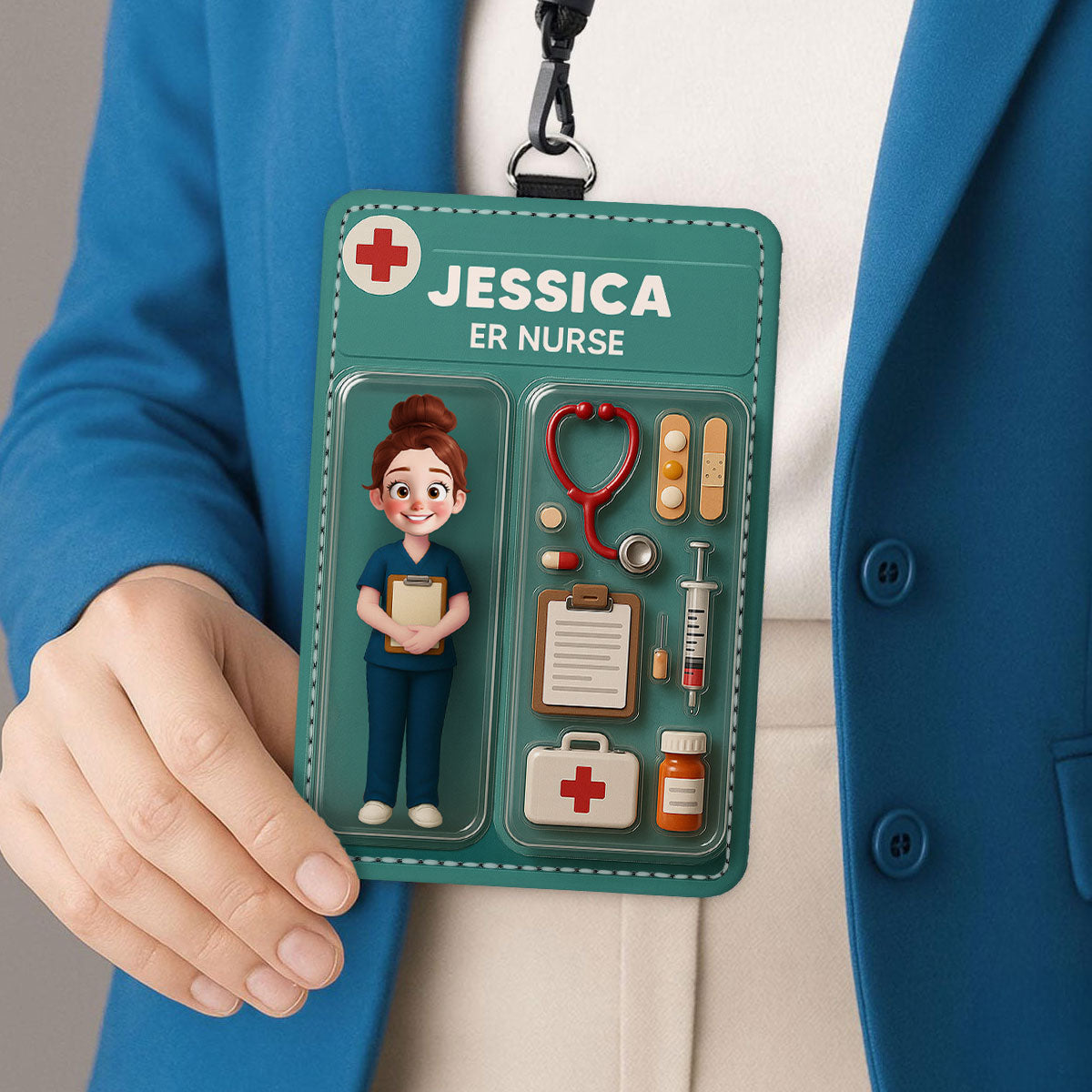 3D Effect Nurse Job Title Figure Style Personalized ID Badge Holder, Gift For Nurse CNA CMA