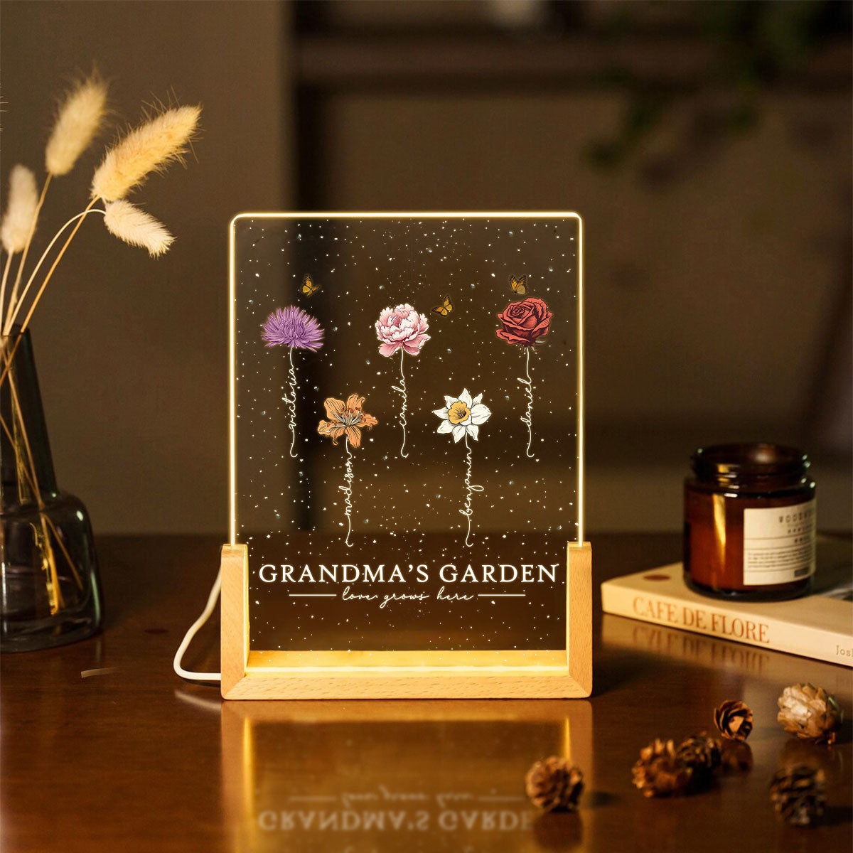 Grandma's Garden Love Grows Here Birthmonth Flowers Personalized U-Base Acrylic LED Night Light, Grandkids Names Floral Gift