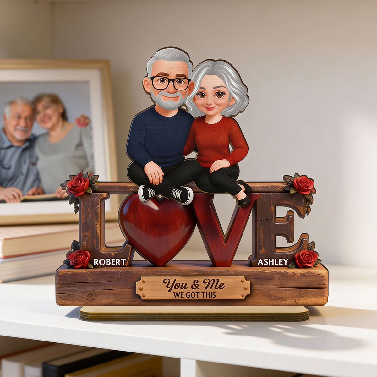 Roses LOVE Couple Sitting Embracing - Personalized 2-Layered Wooden Plaque - Valentine's Day Gift For Couple, For Him, For Her