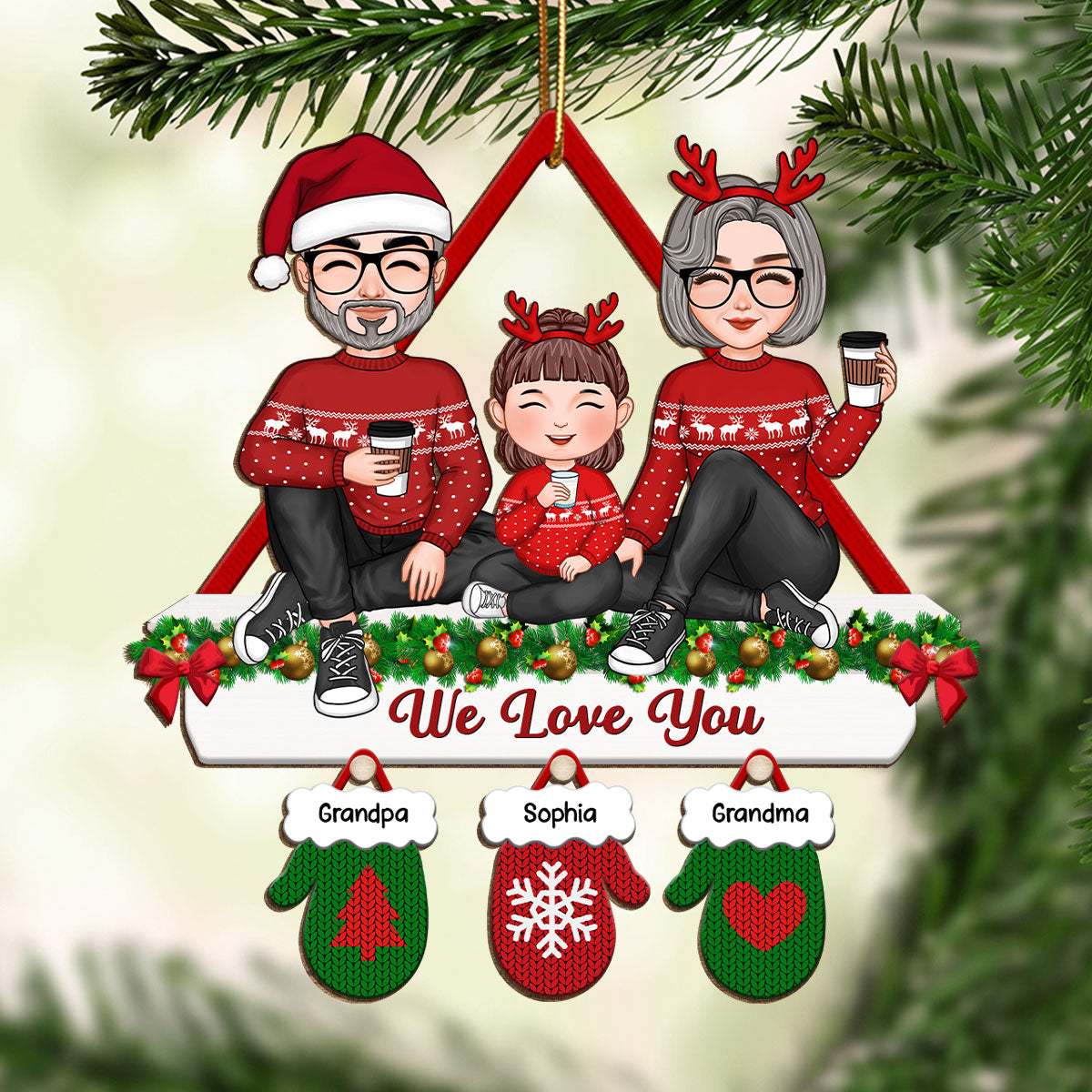 Cute Grandpa Grandma Grandparents & Kid Fireplace Mantel Gloves Christmas Gift For Grandchildren Personalized Wooden Ornament