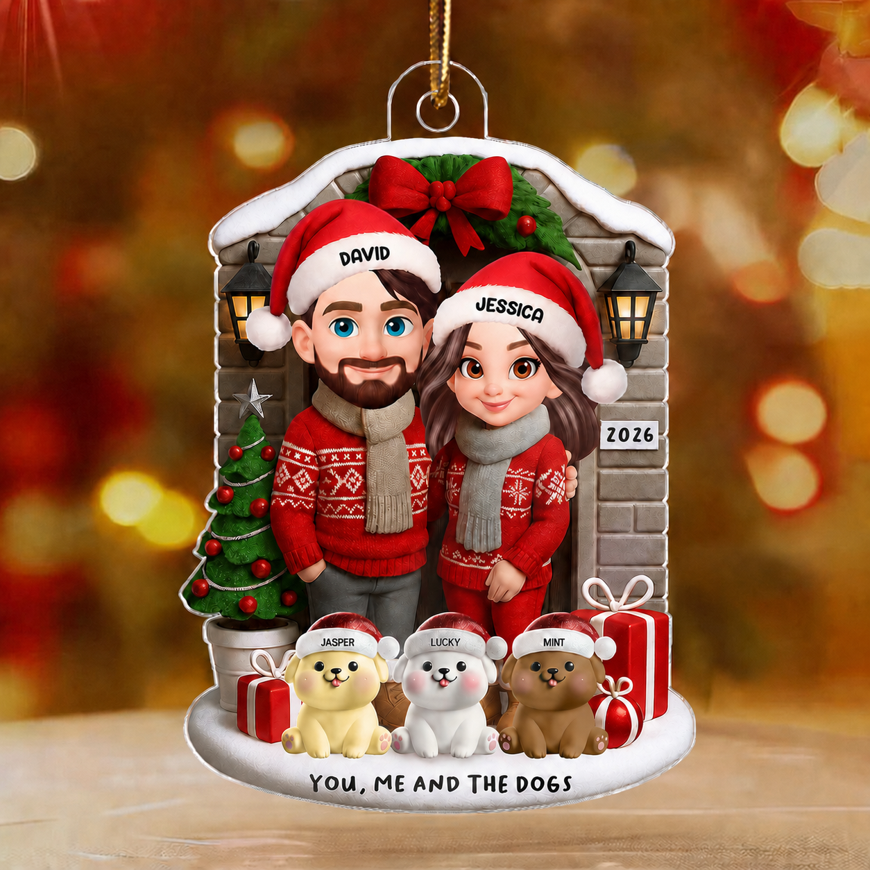 Joyful Couple And Dogs Cats Christmas - Personalized Acrylic Ornament
