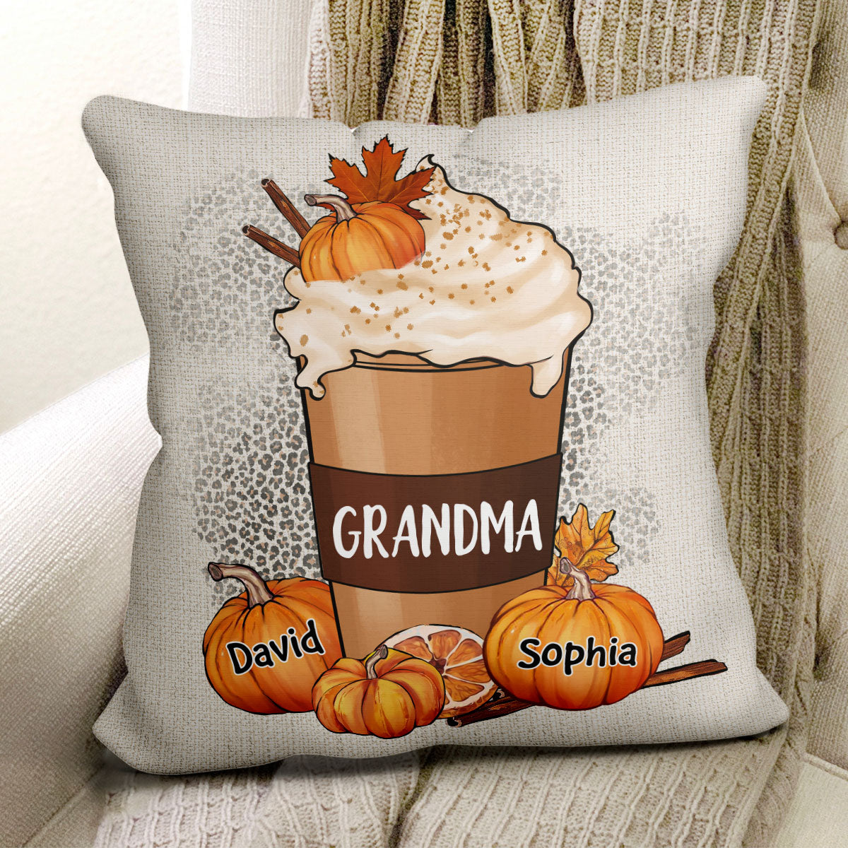 Grandma Mom Pumpkin Spice Latte Personalized Pillow