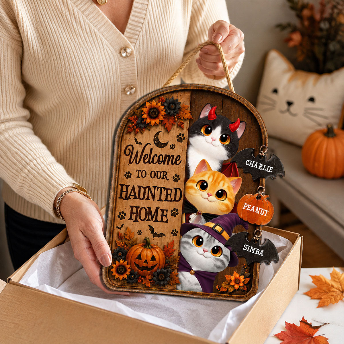 Happy Meowloween Peeking Cats 2D Flat - Personalized Door Sign - Halloween Decor For Cat Lovers