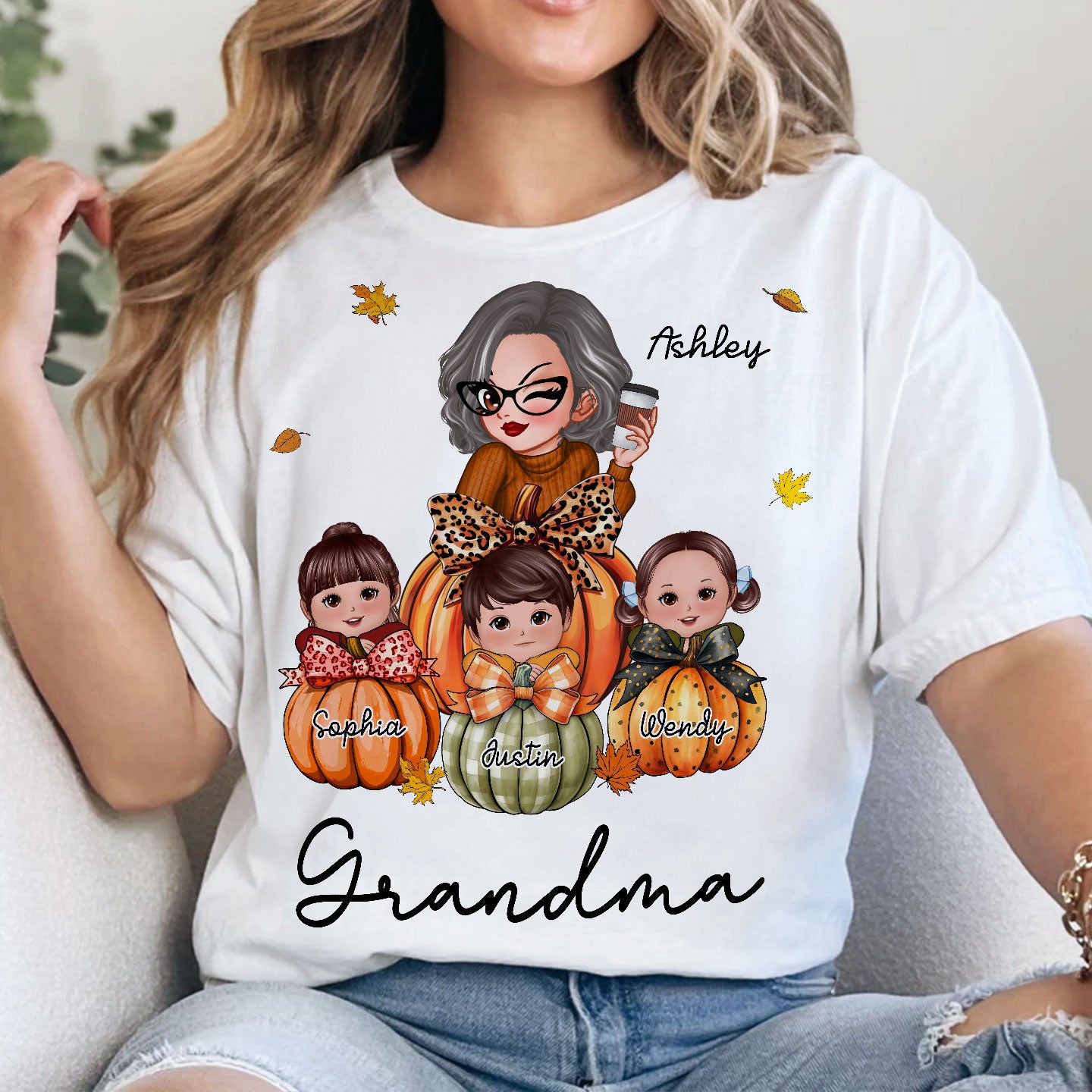 Grandma Mom Kids On Pumpkin Personalized Shirt, Fall Season Gift For Mom Grandma