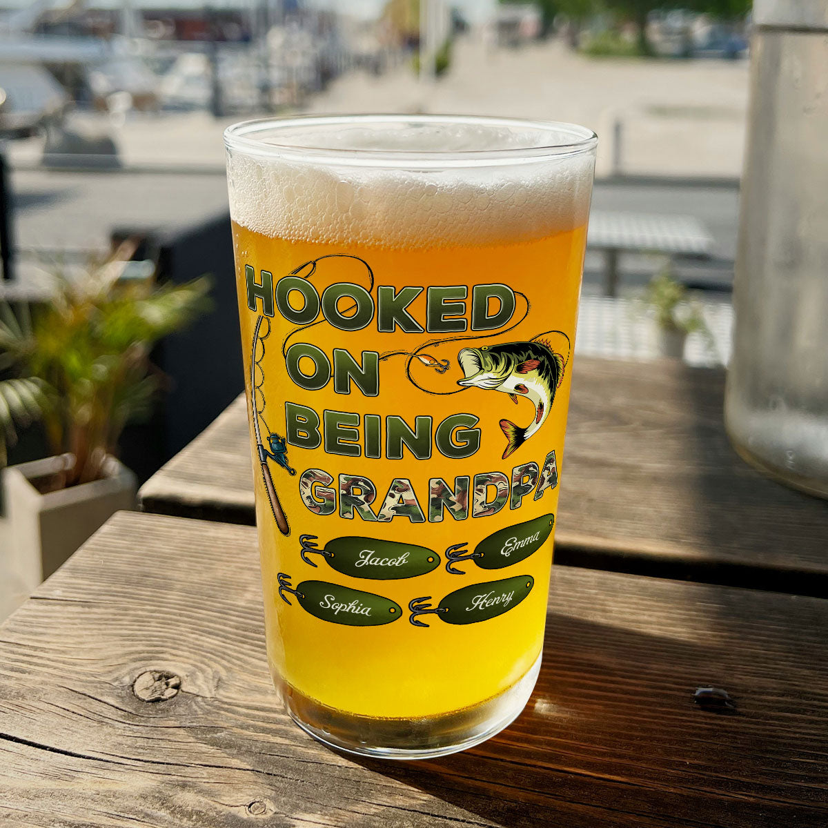 Hook On Being Grandpa Fishing Camouflage Personalized Beer Glass
