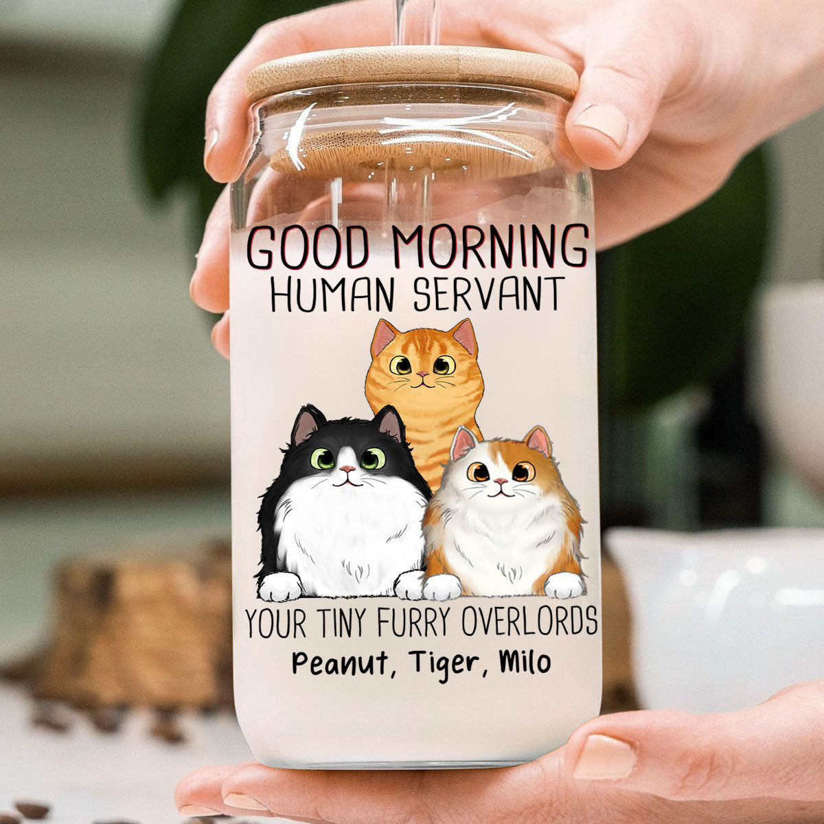Good Morning Cat Human Servant Funny Gift For Cat Lovers Personalized Clear Glass Can