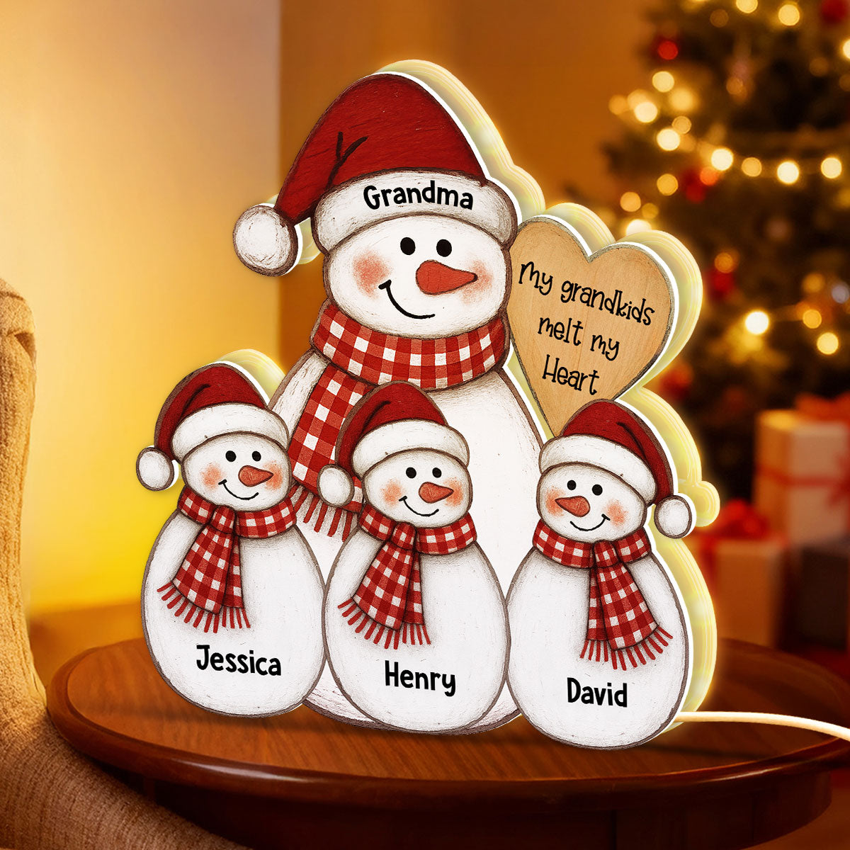 Folk Art Cute Snowman Grandma & Grandkid - Personalized Light Box - Christmas Decor For Grandma