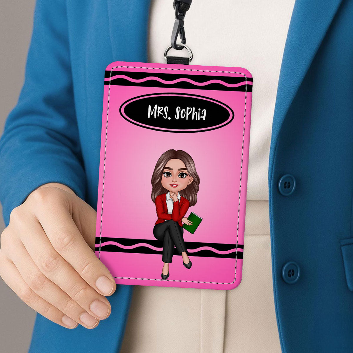 Crayon Themed Teacher Sitting Personalized ID Badge Holder, Back To School Gift