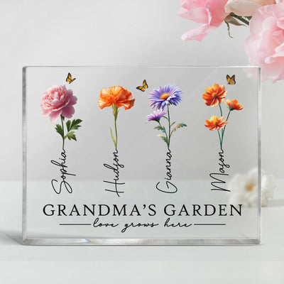 Grandma's Garden 3D Effect Birth Month Flowers Personalized Rectangle Acrylic Block Plaque