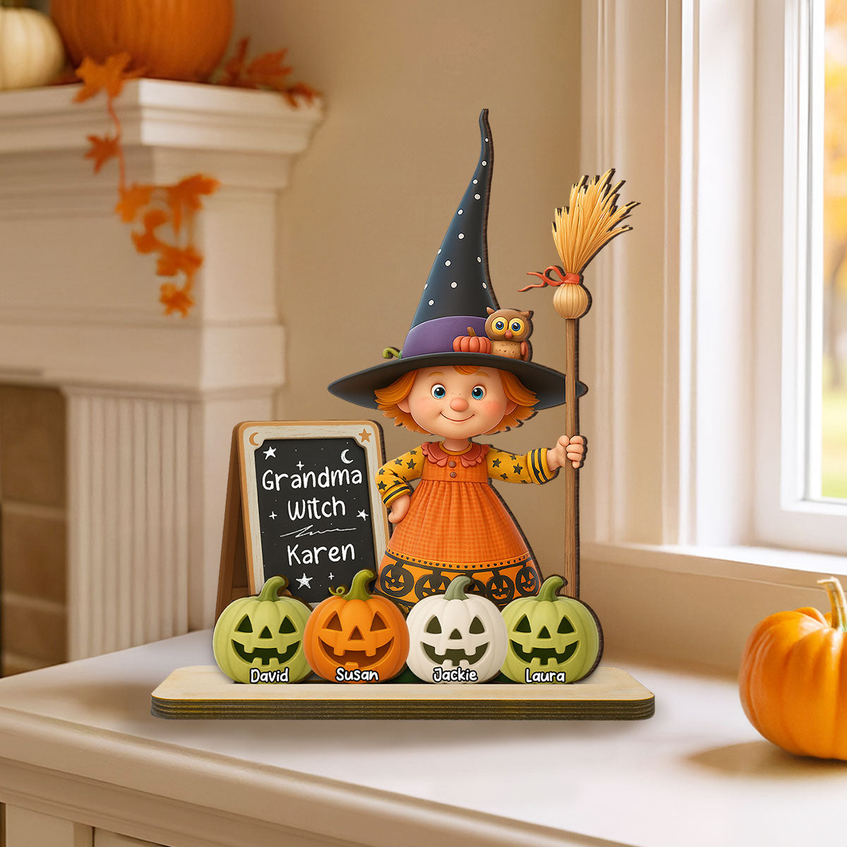 Grandma Witch Personalized Standing Wooden Plaque, Halloween Jack-o'-lantern Decor for Grandma