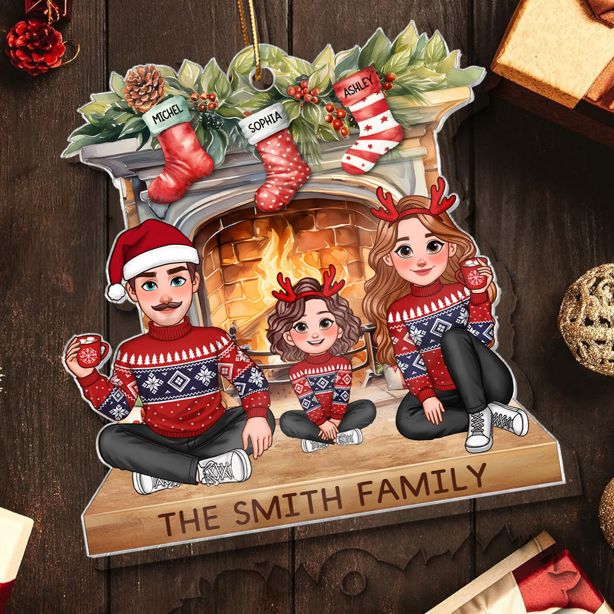 Animated Family Sitting At Christmas Fireplace Personalized Acrylic Ornament
