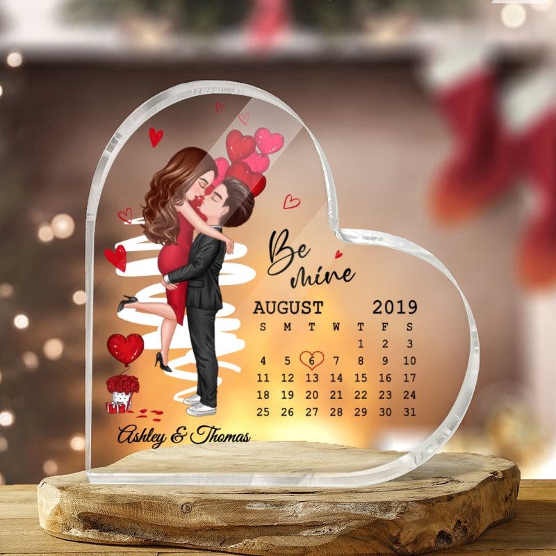Be Mine Couple Kissing Calendar Personalized Acrylic Heart Plaque - Gift For Him Gift For Her