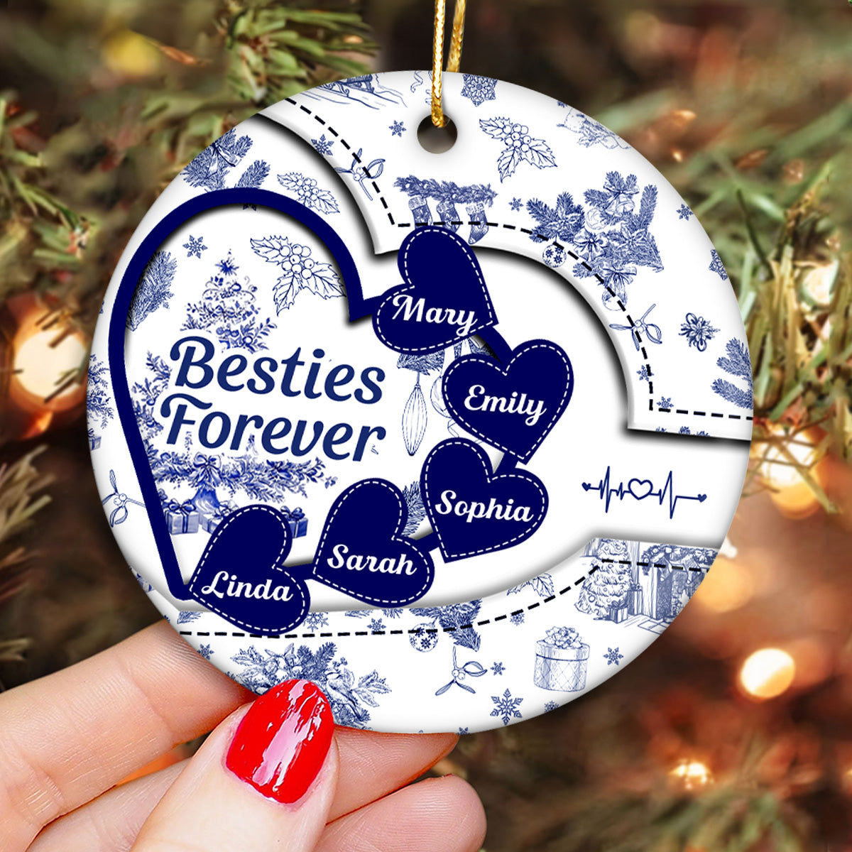 Besties With Hearts Toile De Jouy Style Personalized Circle Ornament