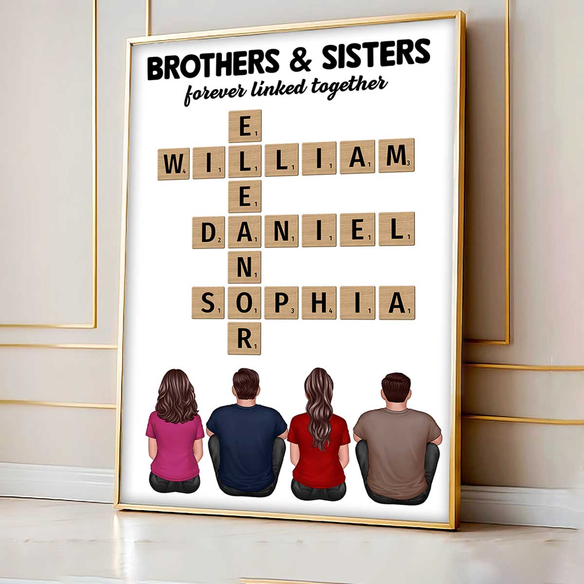 Crossword Art Brothers & Sisters Forever Linked Together Back View Sitting Personalized Poster