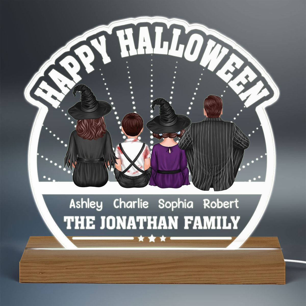 Happy Halloween Back View Family Personalized Custom Shaped Acrylic Plaque With LED Night Light