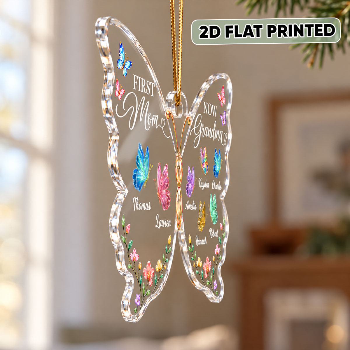 First Mom Now Grandma Butterfly - Personalized Acrylic Ornament - Christmas Gift for Mom, Grandma