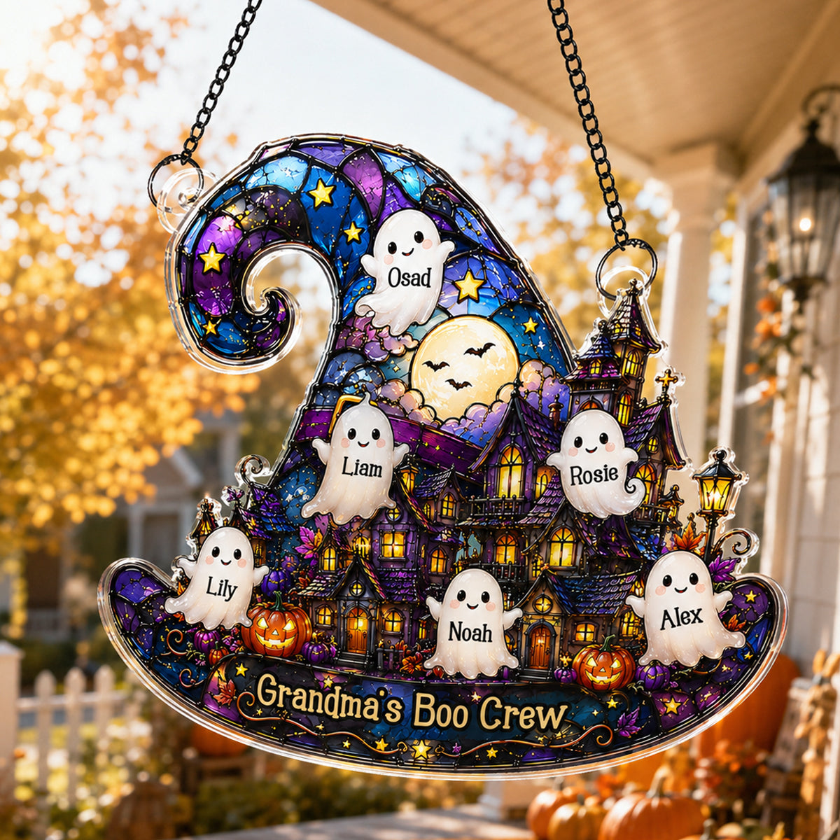 Halloween Village Witch Hat Grandma - Personalized Acrylic Window Hanging - Halloween Decor Gift, Gift For Grandma