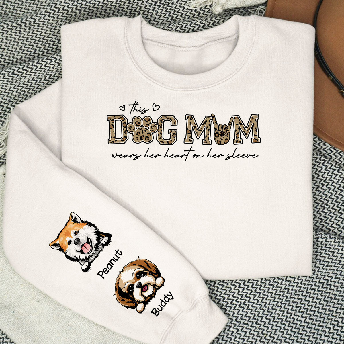 This Dog Mom Wears Her Heart On Her Sleeve, Leopard Pattern, Peeking Dog, Gift For Dog Mom, Fur Mama, Personalized Sleeve Printed Sweatshirt