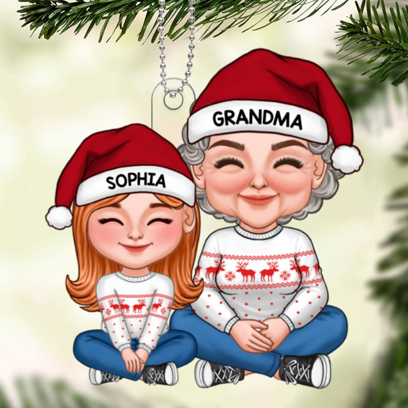 New Cartoon Grandma & Grandkid Sitting Together Personalized Acrylic Ornament