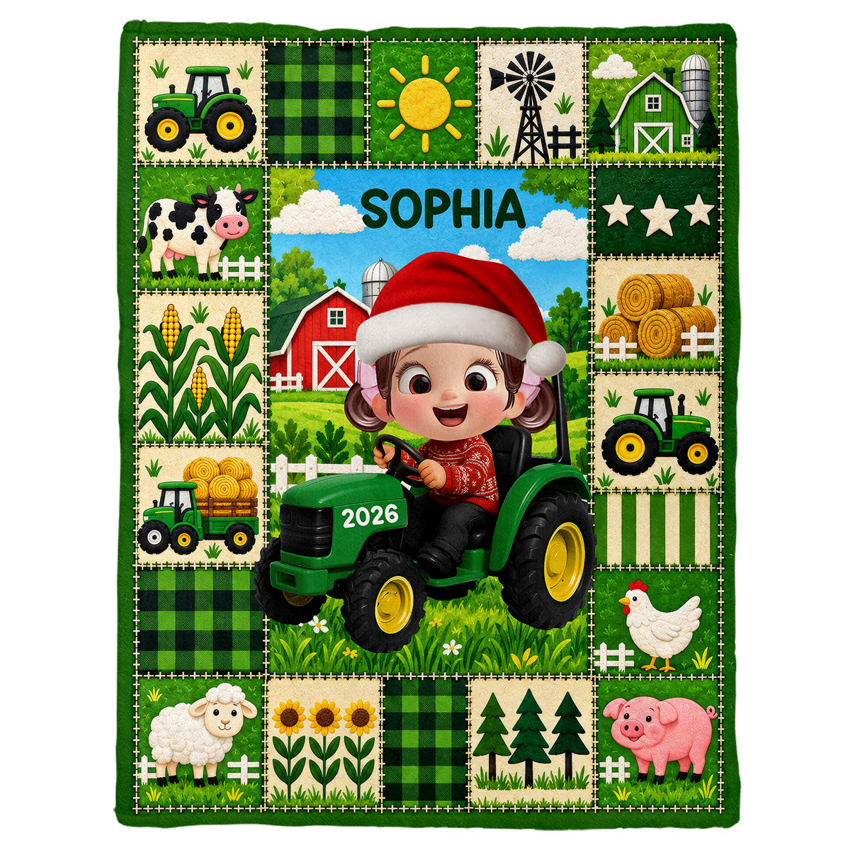 Little Boy Girl With Tractor Excavator Backhoe Christmas - Personalized Blanket - Gift For Grandkids, Kids